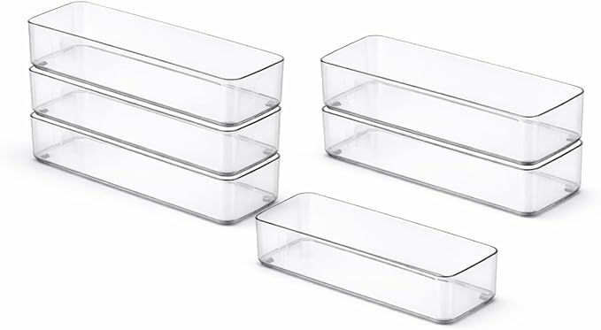 primebox Plastic Clear Acrylic Drawer Organizers. Bathroom, Kitchen, Bedroom, Utensils, Office Organizer Bins, Storage Trays. Heavy Duty, Stackable. 9" x 2" x 2" Set of 6