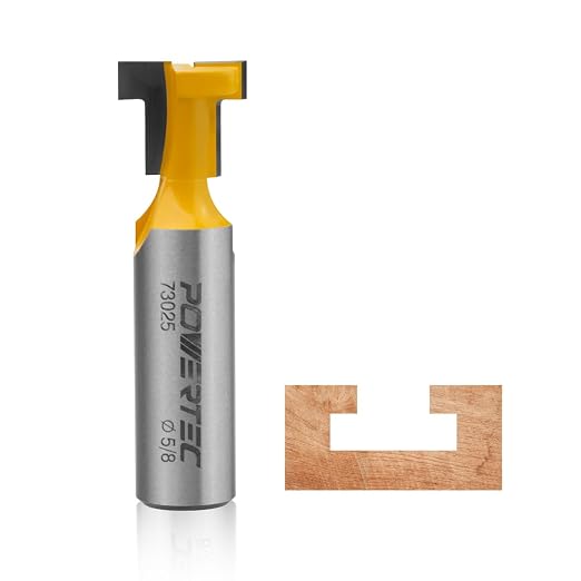 POWERTEC T Track Router Bit, Tungsten Carbide Tipped Router Bit, 1/2" Shank, 5/8" Dia., Slatwall, T Slot for Picture Frames, Compatible with 1/4" & 5/16" T Track Bolts (73025)