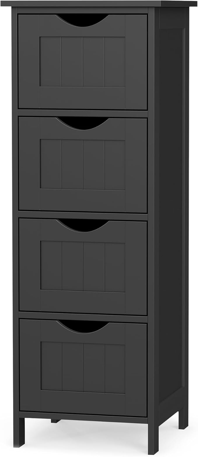 VASAGLE Slim Bathroom Storage Cabinet, MDF Freestanding Floor Organizer with 4 Drawers, Narrow Laundry Room Storage, 11.8 x 11.8 x 32.4 Inch, Black, for Kitchen Pantry, Sofie Collection ULHC040B01