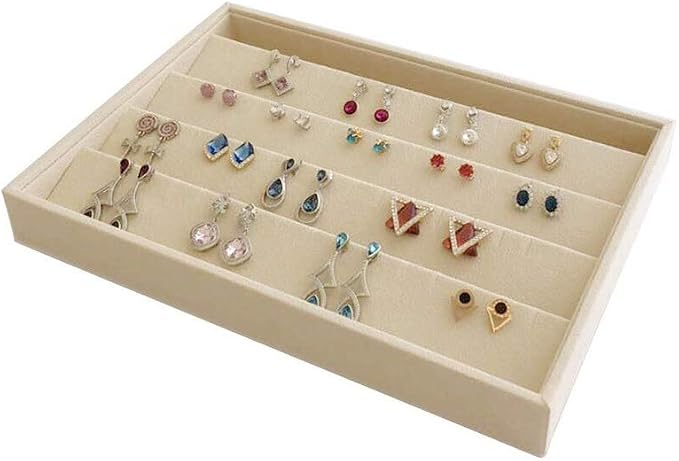 Premium Grade Beige Velvet Jewelry Organization Tray for Earrings Drawer Insert Stackable Closet Organizer