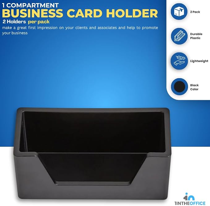 1InTheOffice Business Card Holders Desk, Desk Business Card Holder, 2 Compartment Business Card Display, Black, 2 Pack