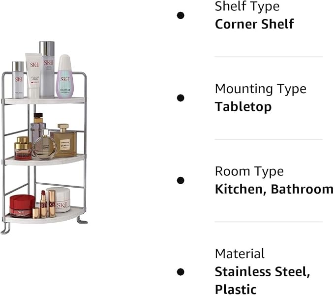 3-Tier Corner Spice Rack Kitchen Bathroom Countertop Organizer Vanity Tray Cosmetic Makeup Storage Standing Shelf, White