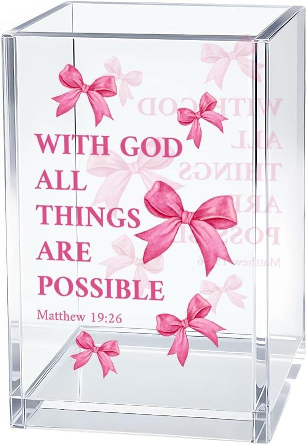 With God All Things Are Possible Bible Pen Holder Makeup Organizer, Funny Bow Christian Pencil Pen Holder for Desk, Matthew 19:26 Bible Verse Pencil Cup, Religious Gifts for Book Lover Teacher