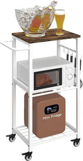Kitchen Microwave Stand Cart with Storage Rack, 3-Tier Rolling Kitchen Side Table on Wheels with 8 Hooks, Utility Small Coffee Shelf Organizer for Living Room, Bedroom, Bathroom, Office, White