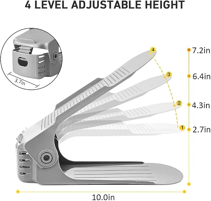 NVGSN Shoe Slots Organizer 20 Pack - Shoe Stackers for a Pair of Shoes, Shoe Storage Shoe Space Savers 50%, 4 Levels Adjustable Thickening expandable Shoe Rack Holders Shoe Organizer for Closet, Grey