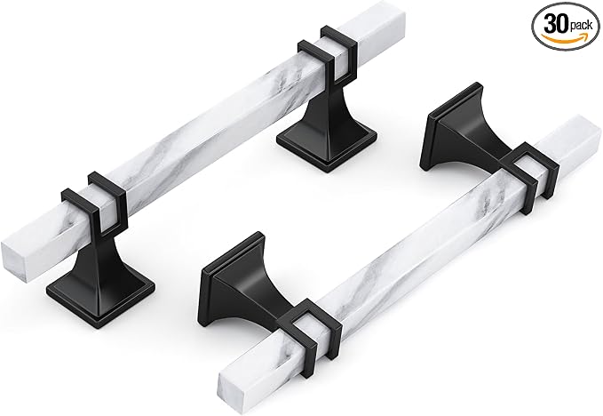 30 Pack 3 Inch White Marble Cabinet Pulls, Black Cabinet Handles Marble Grain and Black Pulls, Kitchen Cabinet Handles Square Dresser Drawer Pulls Kitchen Hardware