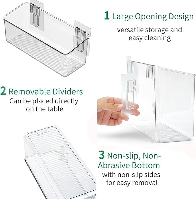 vacane 2-Pack Adhesive Cabinet Door Organizer, Transparent Plastic Storage Bins for Kitchen Bathroom Office, No Drill Hanging Basket, Space Saving Removable Holder-S