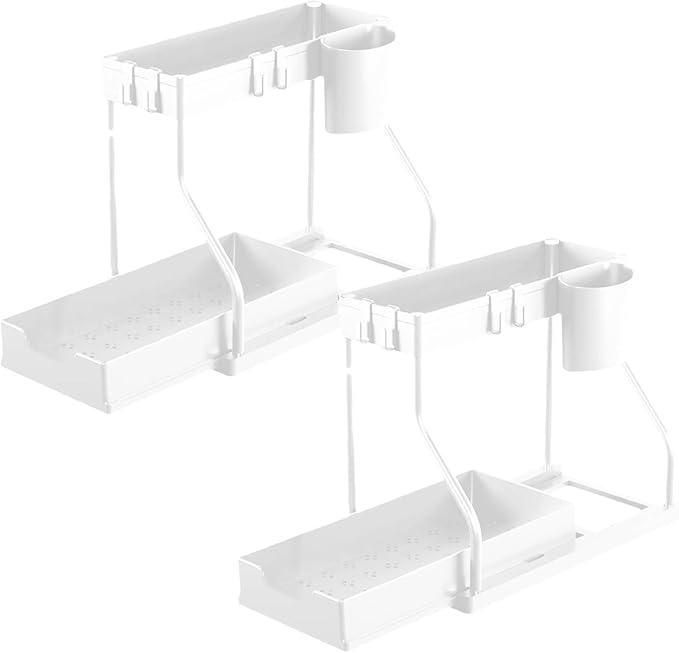 Under Sink Organizers and Storage, 2-Tier Sliding Cabinet Basket Organizer with Hooks, Multi-Purpose Under Sink Organizers and Storage for Bathroom Kitchen (White, 2 PCS)