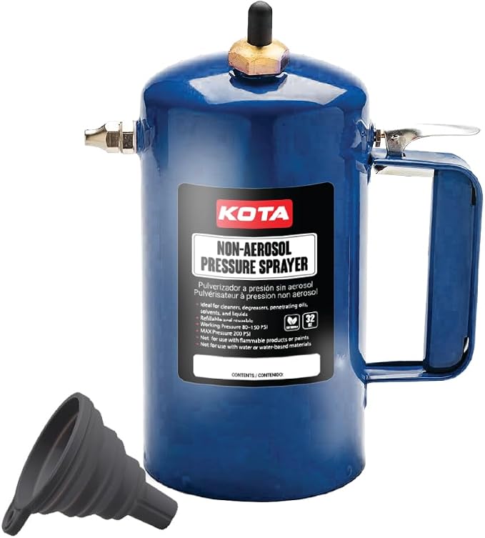 LAUCO Non Aerosol Pressure Sprayer with Funnel and Extension, Refillable Pressurized Sprayer Bottle for Oil, Solvent, Degreasers, Lubricants - Rechargeable Steel Canister and Brass Nozzles, 32oz 69532