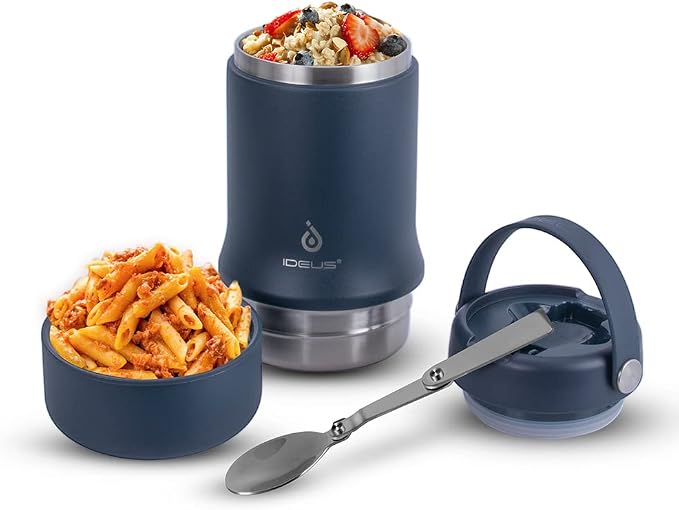 Ideus Soup Thermo with Foldable Spoon and Bowl 20oz, All-in-one Insulated Bento Lunchbox Stainless Steel Leakproof Portable Soup Container Vacuum Thermal Food Jar for Lunch, Navy Blue