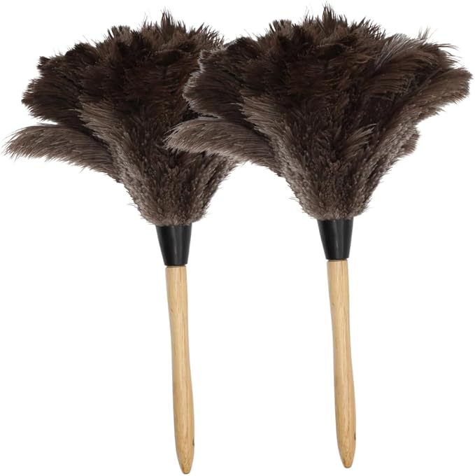 Feather Duster with Ostrich Feathers Wooden Handle 14" – Natural Reusable Duster for Cleaning, Furniture & Shelves, Blinds, Ceiling Fan, Dusting Tool for Home, Office, Delicate Surfaces - 2 Pack
