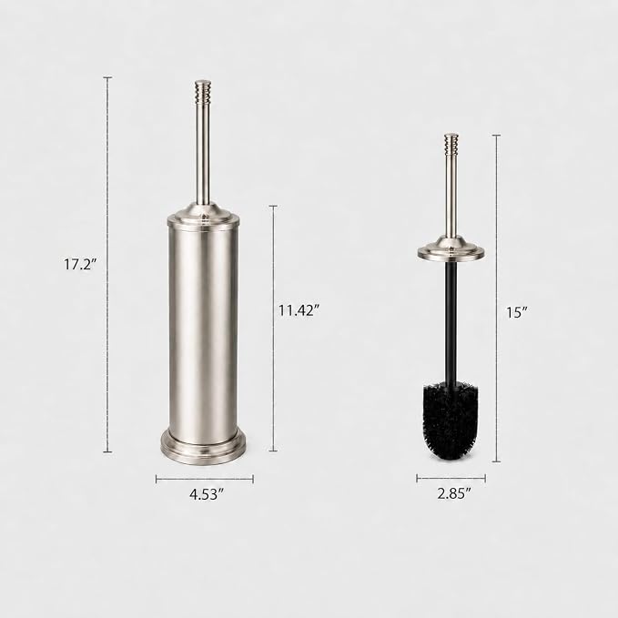 Nickel Toilet Brush and Holder Set，Extra Long Handled Toilet Bowl Brush and Holder，Stainless Steel Heavy Duty Toilet Brush for Bathroom,Deep Cleaning Modern Toilet Cleaner Slip Base