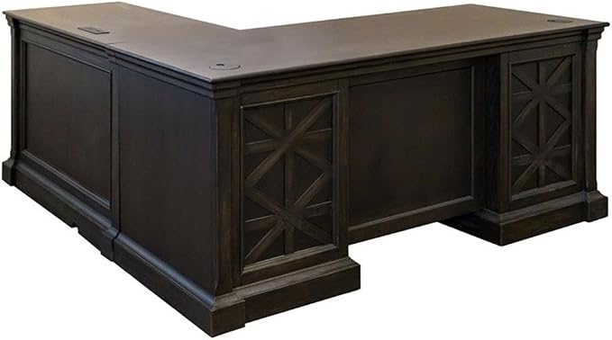 Pemberly Row 66" W Wood L-Desk & Return Writing Table, Dark Brown Finish, Keyboard Drawer, Locking File Drawers, Utility Storage, Wire Management, AC Power Outlets, Home Office Desk