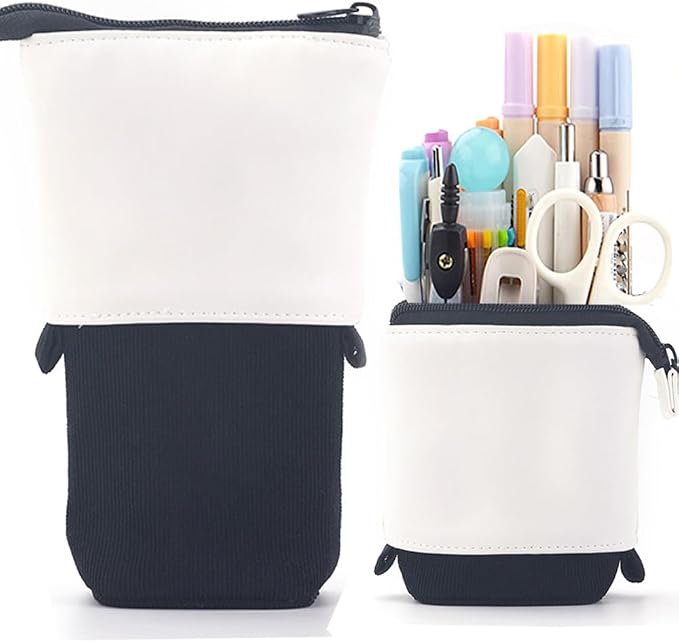 Telescopic Pencil Bag Pen Holder Stationery Case, PU Corduroy Stand-up Retractable Transformer Bag Colorful Organizer, Great for Christmas Holiday (Black)