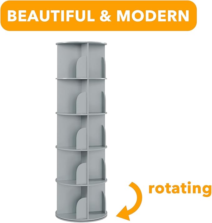 SpaceAid 5 Tier Rotating Bookshelf Tower, Spinning Bookcase Lazy Susan, Revolving 360 Book Shelf Storage Round Carousel, Vertical Rotate Turning Spiral Corner Organizer, Gray