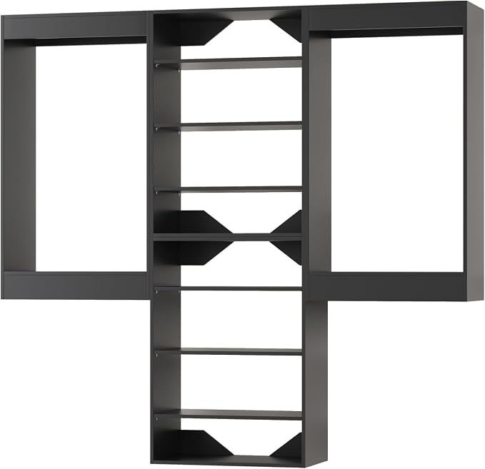 ROOMTEC Modular Closet System, 90" Wall-Mounted Closet Organizer with Hanging Rods and Shelves, Wooden Tower for Walk-In Closets, Wardrobe Storage Kit, Black