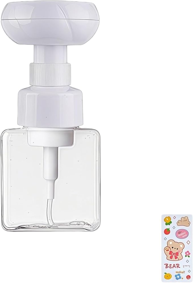 Flower Foam Dispenser Pump Bottle-250ml Reusable Plastic Soap Dispenser for Shampoo, Hand Soap&Bath, Includes Cute Stickers, Perfect for Kids Bathroom Or Kitchen (Transparent)