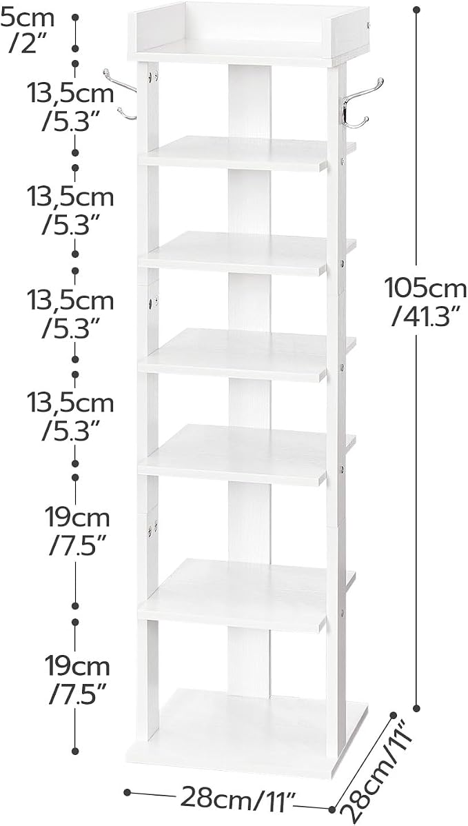 HOOBRO Vertical Shoe Rack for Front Door Entryway, 7 Tier Wooden Shoe Storage Organizer with Hooks, Narrow Shoe Tower for 7 Pairs, Space Saving, for Corner, Closet, Bedroom, White WT61XJ01