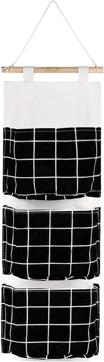 FuninCrea Wall Hanging Bag, Linen Fabric Hanging Organizer, Waterproof Storage Bag with 3 Pockets, Wall Organizer for Living Room, Bedroom, and Bathroom (Black)