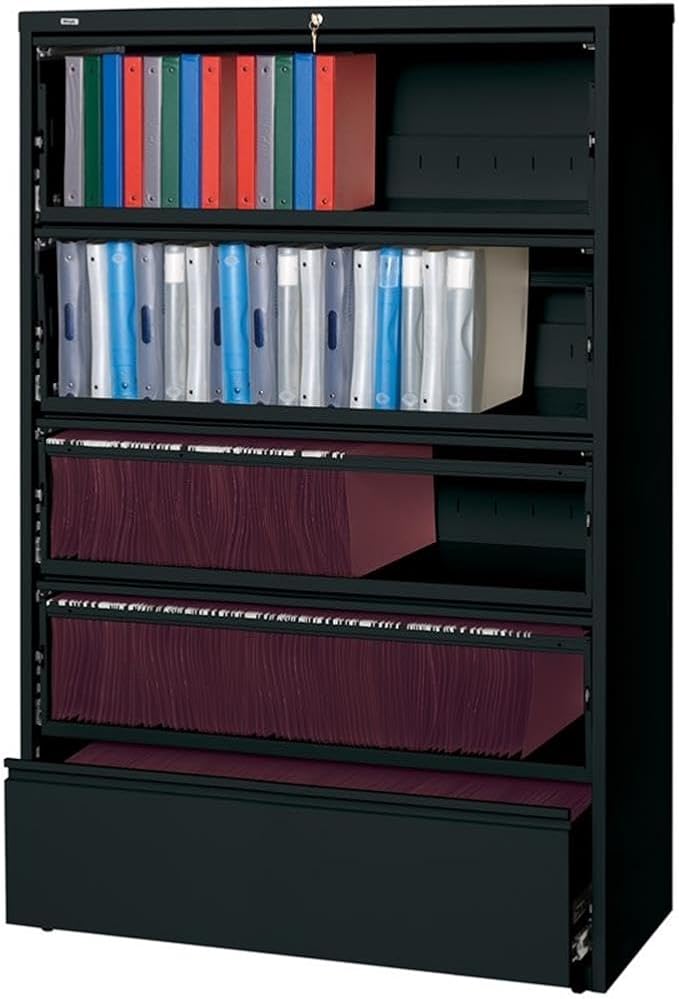 Hirsh 42-in Wide HL10000 5 Drawer Lateral File Cabinet. Roll-Out Shelves. Black