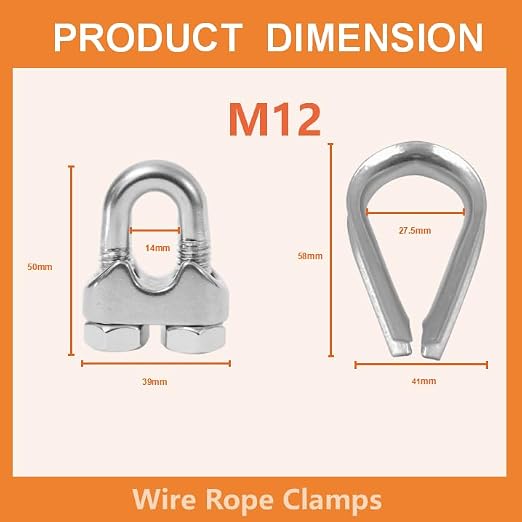 8 Pcs M12 Cable Clamps,Wire Rope Clamp,4 Pcs 1/2" Thimble | Stainless Steel Smooth Rods for Industry, Metal Working Hobbies and DIY Craft
