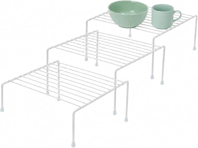 3 Piece White Kitchen Cabinet Metal Shelves Organizer Set –Stackable Steel Wire Storage Rack for Pantry Countertop, Cupboard Dish Storage & Space Saving Kitchen Organization Shelves