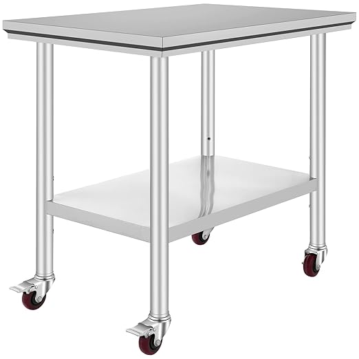 Vevor Mophorn Stainless Steel Work Table 36x24 Inch with 4 Wheels, Casters Heavy Duty Food Prep Worktable for Commercial Kitchen Restaurant, Silver | with 4 Wheels, for Commercial Kitchen Restaurant, Silver