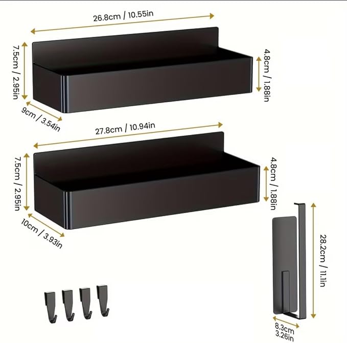 AALFA Magnetic Spice Rack for Refrigerator - Black Fridge Organizer with Paper Towel & Wrap Holder - 4 Bonus Hooks Included - 2 Pack Heavy Duty Side Shelf Storage for Spices, Oils, Foil (Black)