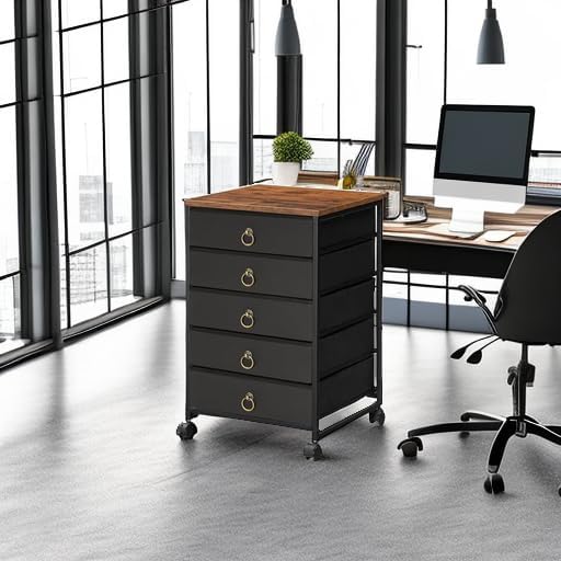 HOOBRO 5-Drawer Chest, Office File Cabinet with Drawers, Rolling Printer Stand, Filing Cabinet for Living Room, Home Office, Nonwovens Drawer, Easy Assembly, Black BFK50WJ01