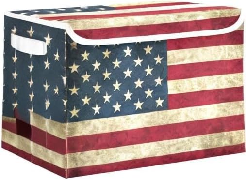 American Flag Storage Bins with Lids and Carrying Handle,Foldable Storage Boxes Organizer Containers Baskets Cube with Cover for Home Bedroom Closet Office