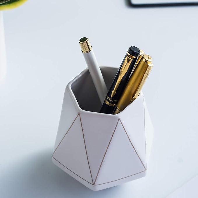 Ceramic Desk Cute Pen Holder Stand Gold Line Pencil Cup Pot Desk Organizer Makeup Brush Holder (White)