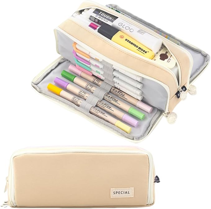 iSuperb 3 Compartments Pencil Case Pouch Big Capacity Pencil Organizer Canvas Holder Oxford Stationery Storage Kids Teen Girls Boys Student School Supplies Cosmetic Makeup Bag