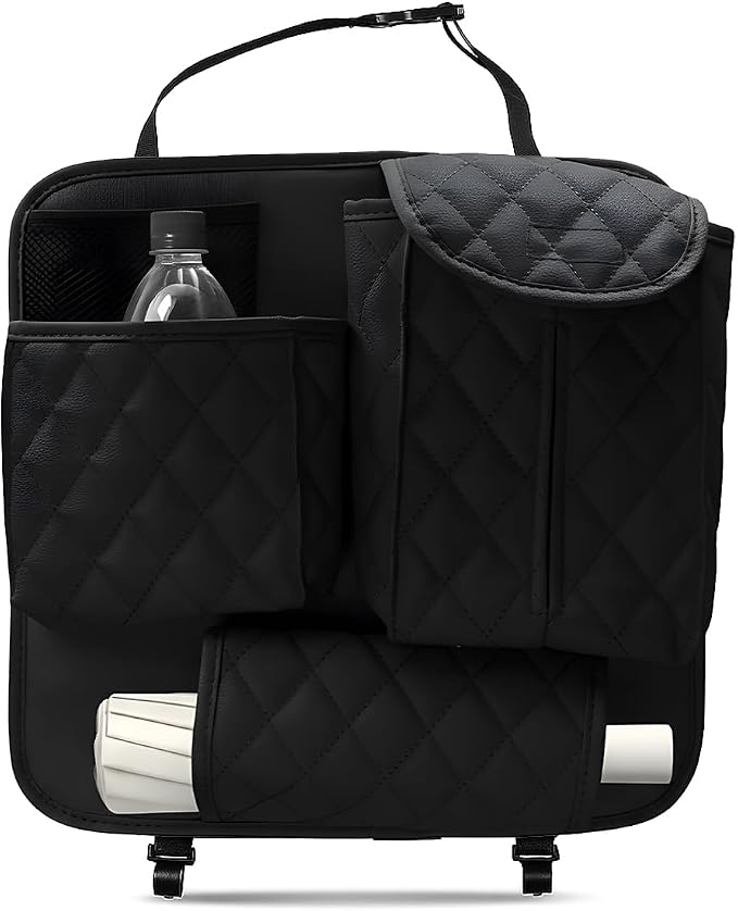 YoRise Leather Car Seat Back Organizer, Multifunctional Hanging Automotive Storage Bag with 2 Hooks, Car Seat Travel Bag for Tissue, Phone, Handbag, Bottle, Umbrella, Snack (Black)