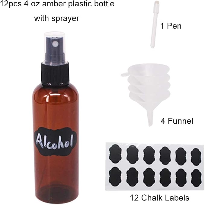 12 Pack 3.3 oz Fine Mist Spray Bottle Amber Plastic Spray Bottles | Travel Bottle for Essential Oils, Perfume, Refillable Containers with Funnels, Chalk Labels