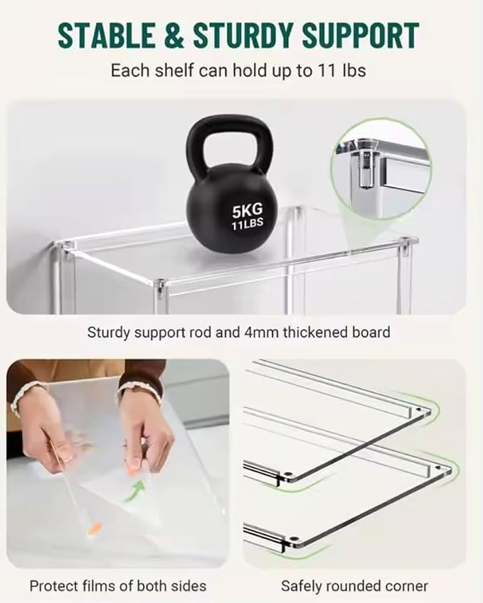 Clear Acrylic Shelf Organizer Set of 4 - Stackable Cabinet & Countertop risers for Kitchen, Pantry, Bathroom & Vanity Storage - Minimal, Space-Saving Design