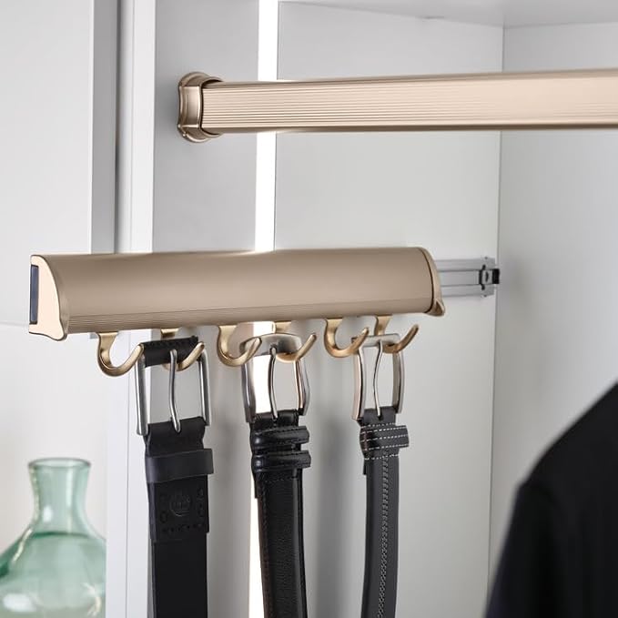 TAG Hardware Designer 6-Hook Expandable Valet Belt Rack, 13.75-Inch Extendable Wardrobe Closet Organizer Rod (Matte Gold)