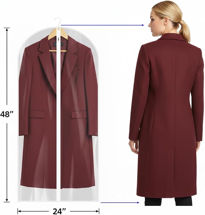 All Clear Garment Bags for Travel - 48” PEVA Waterproof Suit Cover with Zipper for Hanging Clothes, long dress - Durable Dresser for Closet Storage, Dustproof & Moisture Resistant - 48”/12 Pack