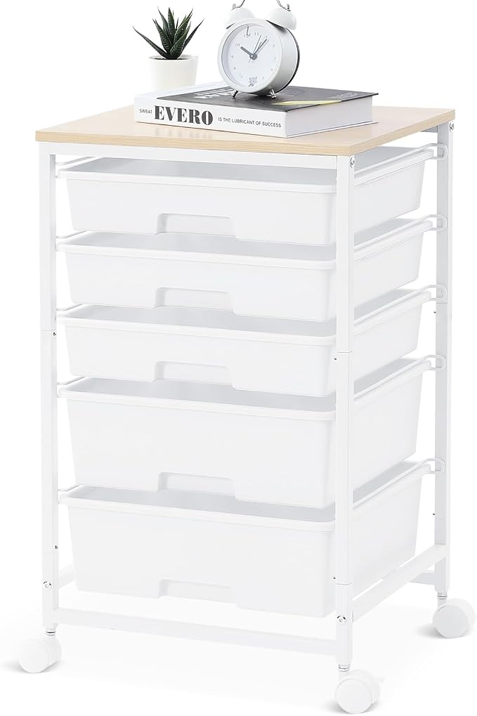 SYKIARIOL Utility Cart with 5 Drawers,Storage Drawer Cart with Wooden Tabletop and Lockable Wheels,Craft Storage Trolley Cart,5-Tier Rolling Utility Cart on Wheels,Bright White