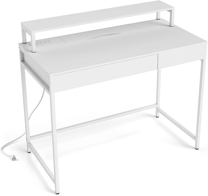Tangkula Computer Desk with Dual-use Drawer & Keyboard Tray, Home Office Desk with Removable Monitor Shelf & Power Outlets, Modern Writing Desk Study Table for Home Apartment Dorm (White)