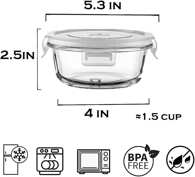 Small Round Glass Food Containers with lids, 12oz Round Food Storage Containers with Lid, 1.5 Cup Small Glass Food Containers with Lid BPA-Free, Microwave, Dishwasher, Freezer Safe (4 Pack)