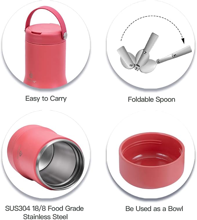 Ideus Soup Thermo with Foldable Spoon and Bowl 20oz, All-in-one Insulated Bento Lunchbox Stainless Steel Leakproof Portable Soup Container Vacuum Thermal Food Jar for Lunch, Red