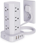 Power Strip Tower Surge Protector, 6FT Flat Plug Extension Cord with Multiple Outlets, 12 AC Outlets 4 USB (2 USB C), Desktop Charging Station with Surge Protection for Home Office Dorm Room, White