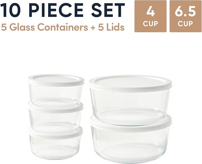 10-Piece Glass Food Storage Containers Set (5 Containers + 5 BPA-Free Lids) | 4-Cup & 6.5-Cup, Leakproof | Microwave, Freezer, Oven & Dishwasher Safe | Ideal for Meal Prep & Pantry Organization, White