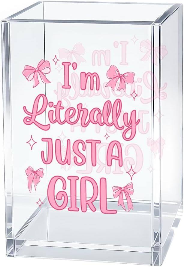 I'm Literally Just A Girl Acrylic Cosmetic Organizer Pen Holder, Funny Acrylic Desk Holder Cup for Pen Pencil, Cute Office Gifts for Women Coworker, Pink Birthday Gifts for Bow Lover Daughter