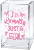 I'm Literally Just A Girl Acrylic Cosmetic Organizer Pen Holder, Funny Acrylic Desk Holder Cup for Pen Pencil, Cute Office Gifts for Women Coworker, Pink Birthday Gifts for Bow Lover Daughter