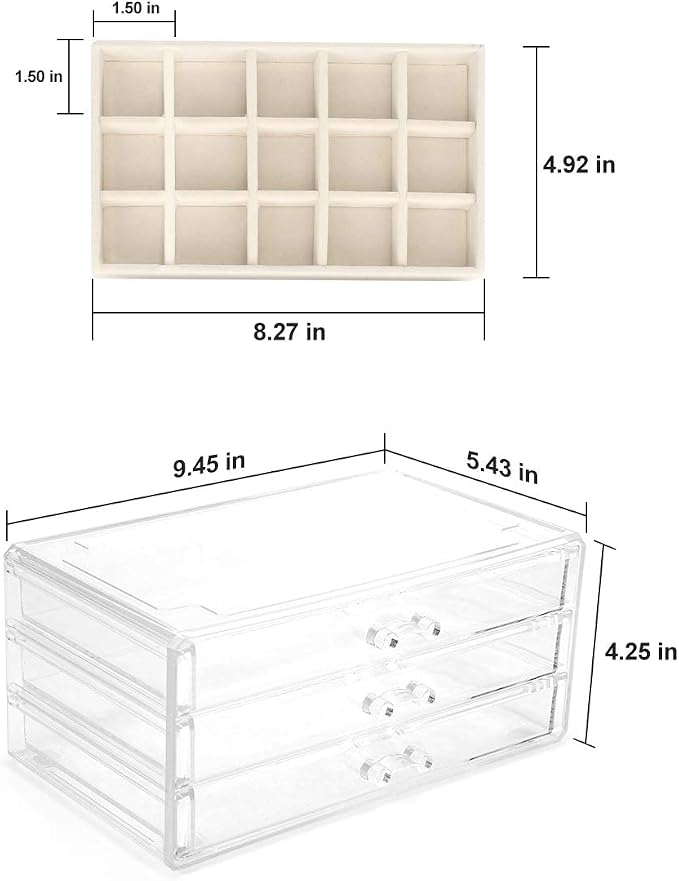 FEISCON Acrylic Jewelry Organizer Makeup Cosmetic Storage Organizer box | Storage Organizer box Clear Jewelry Case with 3 Drawers Adjustable Jewelry Box Velvet Trays grid size
