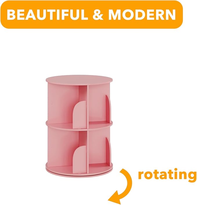 SpaceAid 2 Tier Rotating Bookshelf Tower, Spinning Bookcase Lazy Susan, Revolving 360 Book Shelf Storage Round Carousel, Vertical Rotate Turning Spiral Corner Organizer, Pink