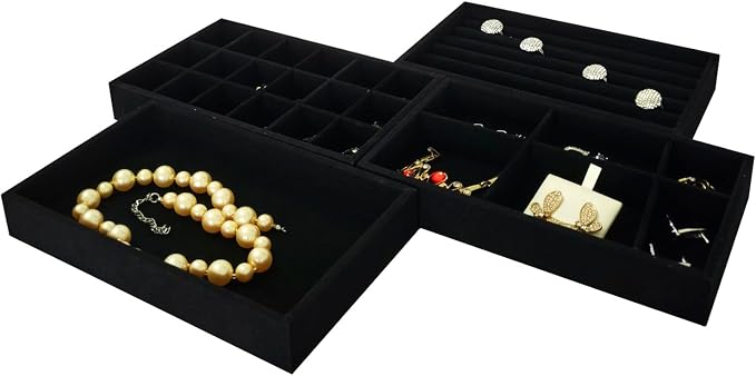 Stackable Jewelry Trays Velvet Drawer Organizer Inserts Tray Jewelry Storage Display Case for Rings,Stud Necklaces,Earrings (Black)