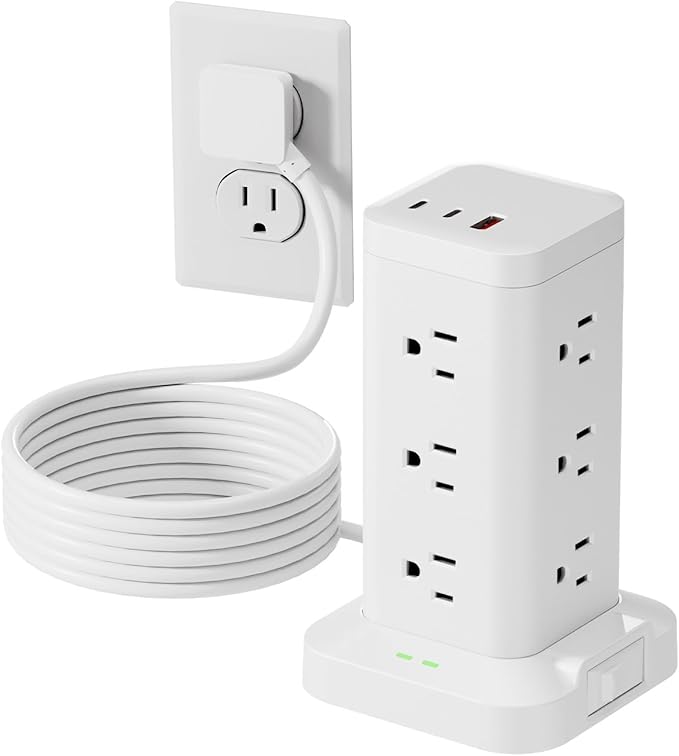 Power Strip Tower with Surge Protector 1800J, Fast Charging Tower PD20W USB-C Ports with 12 AC Outlets, Extension Cord for Home Office Dorm Room, 6ft, White