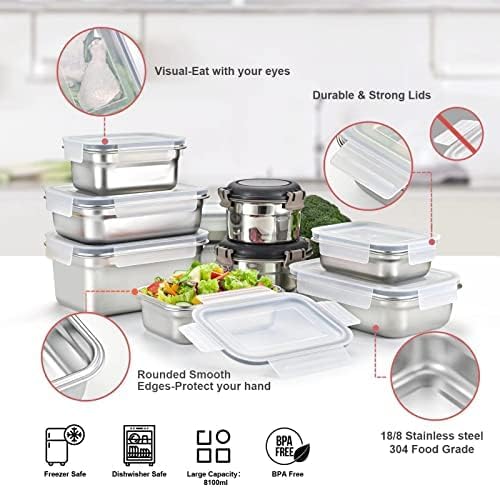 Cykorxicc 12PC 304 Stainless Steel Food Storage Containers with Lids Leakproof, Meal Prep Container Airtight, Lunch Boxes, Kimchi Containers for food storage Nestable | Oven/Dishwsher/Freezer Safe